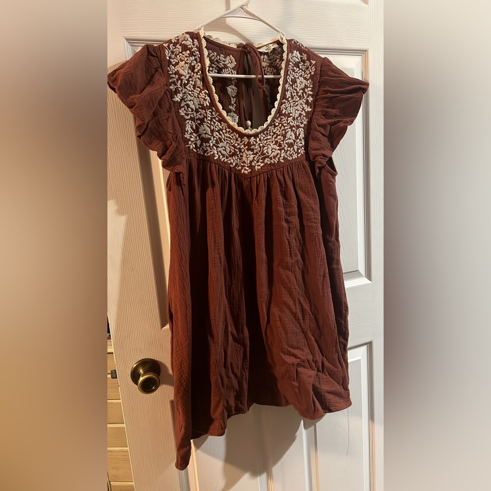 Brown Dress with White Embroidery